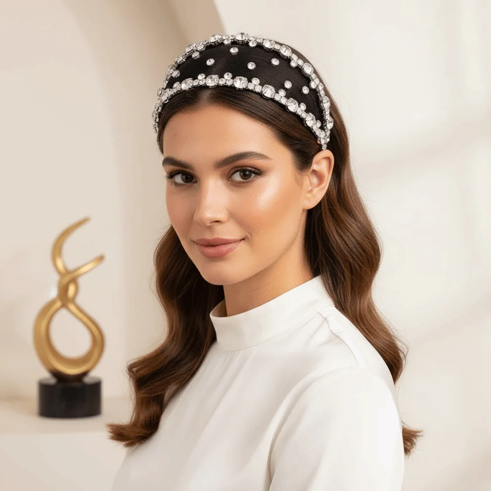 Bling Headwear Sparkly Rhinestone Headband Glitzy Wide-brim Mesh Hair Hoop Exquisite Non-slip Baroque Hairband Party