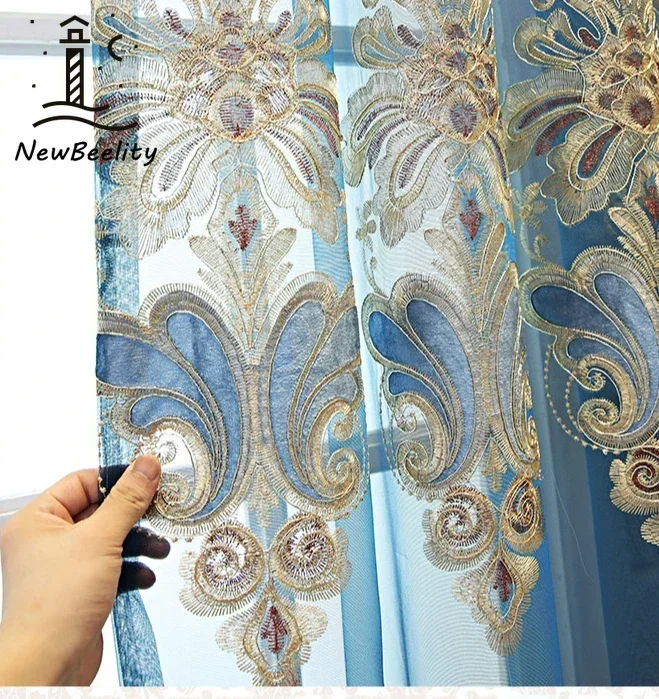 Window Blinds Embroidery Tulle Curtains For Living Room Europe Luxury Blue Window Screen High End Drape 1Panel