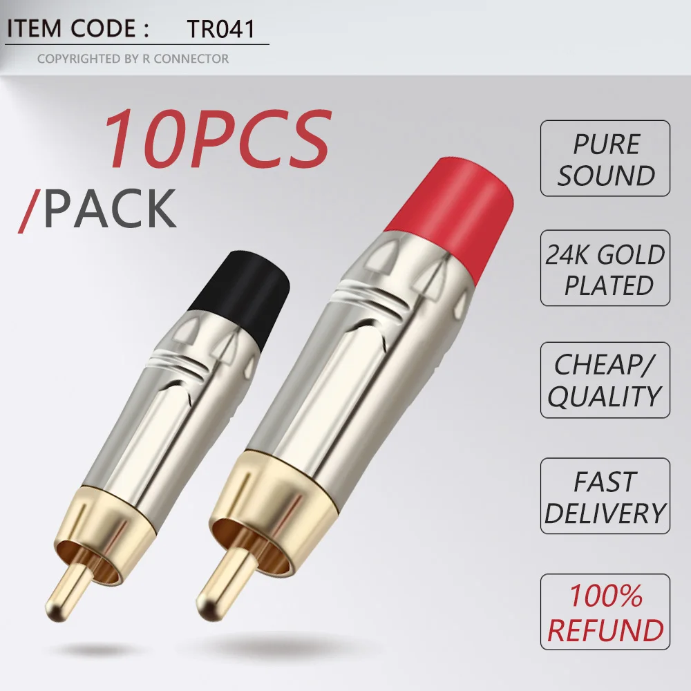 10pcs/5Pairs RCA Male Plug Gold+Nickel Plated RCA Connector Audio Cable Adapter RCA Wire Converters Red/Black