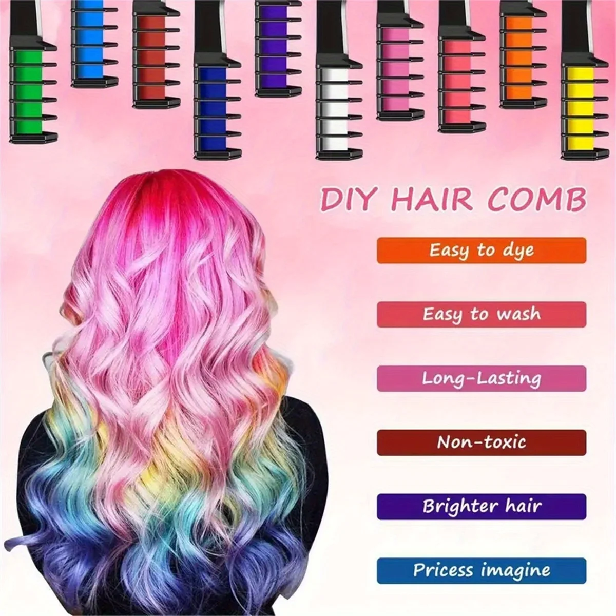 10-Color Temporary Washable Hair Chalk Comb Vibrant Easy-to-Apply Long-Lasting Hair Color for Birthday Halloween Christmas