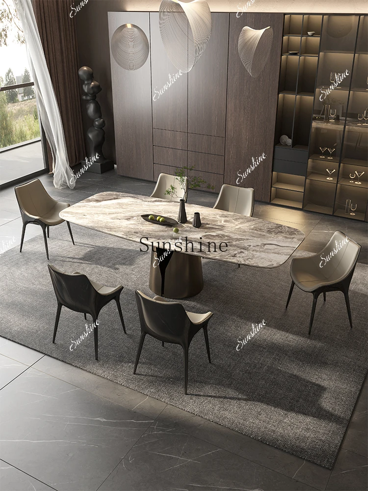 

Marble light luxury minimalist design living room stainless steel high-end home dining table and chair combinationP