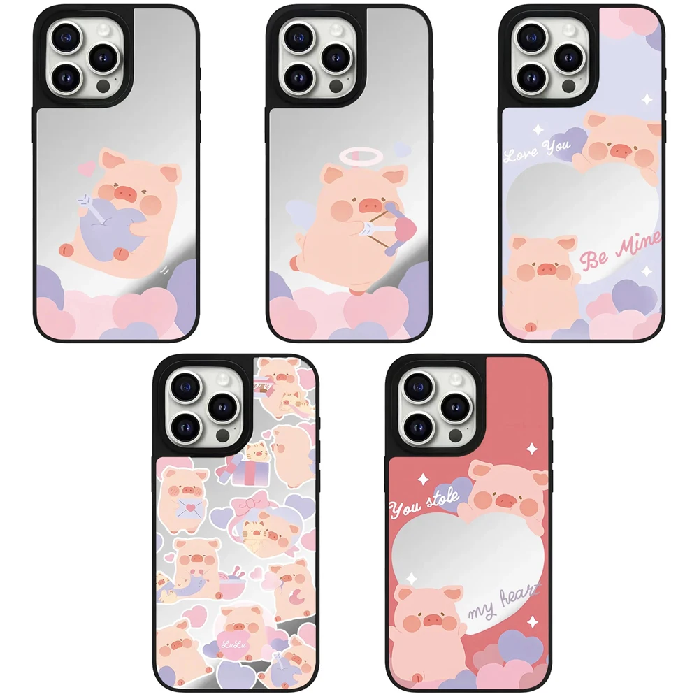 

Cartoon Pink Pig Magnetic Mirror Surface Phone Case Cover for IPhone 12 13 14 15 16 Pro Max Case