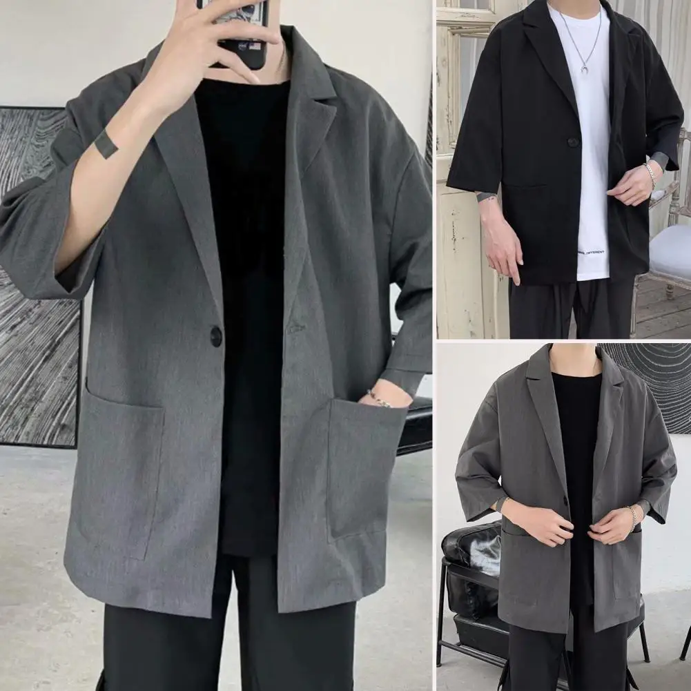 Business Men Suit Coat Solid Color Spring Summer Suit Jacket Single-Button Lapel Design 3/4 Sleeve Loose Fit Casual Outerwear