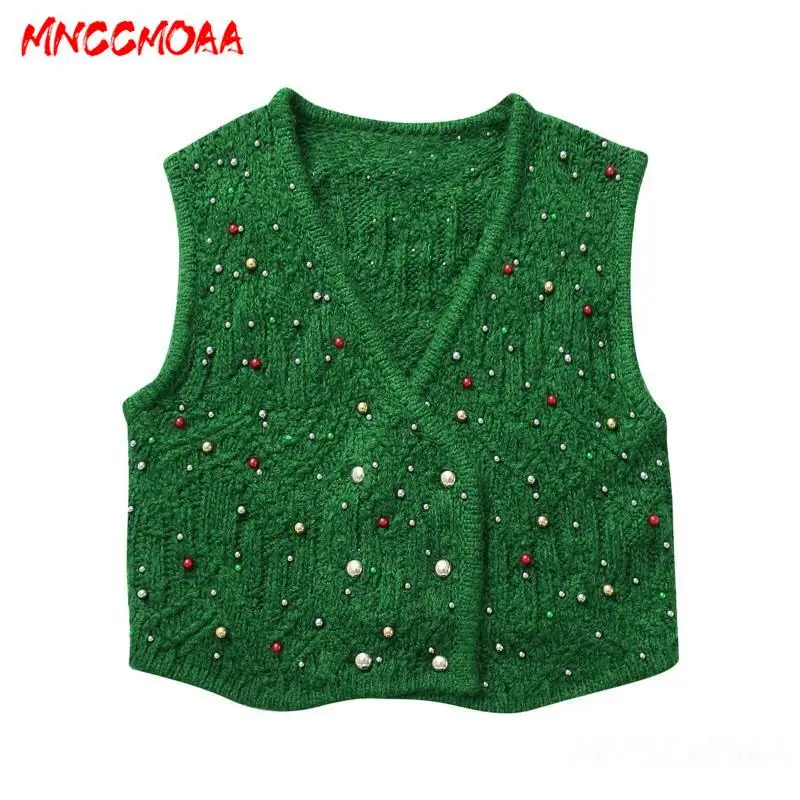 

MNCCMOAA-Women's Loose Pearls Knitwear Sweaters, Female Vest, Solid Color, Casual Sleeveless Tank Tops, Fashion, 2024