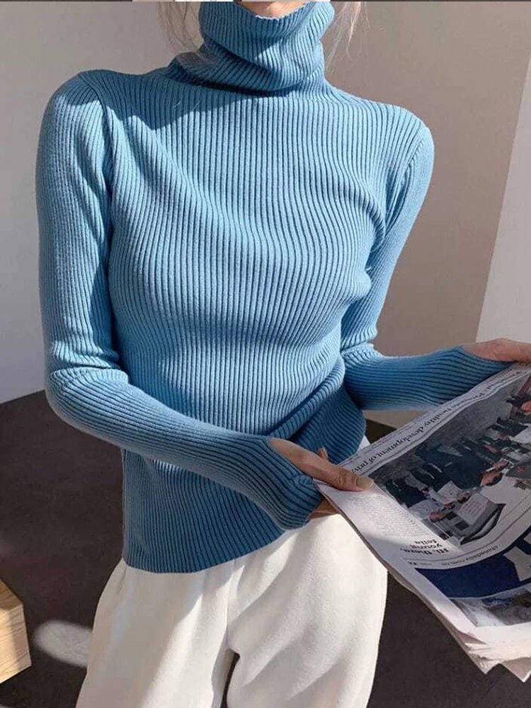 Knitted Sweater Women Korean Version Turtleneck Sweater Winter Solid Color Pullover Slimming Interior Lapping Warm Basic Tops