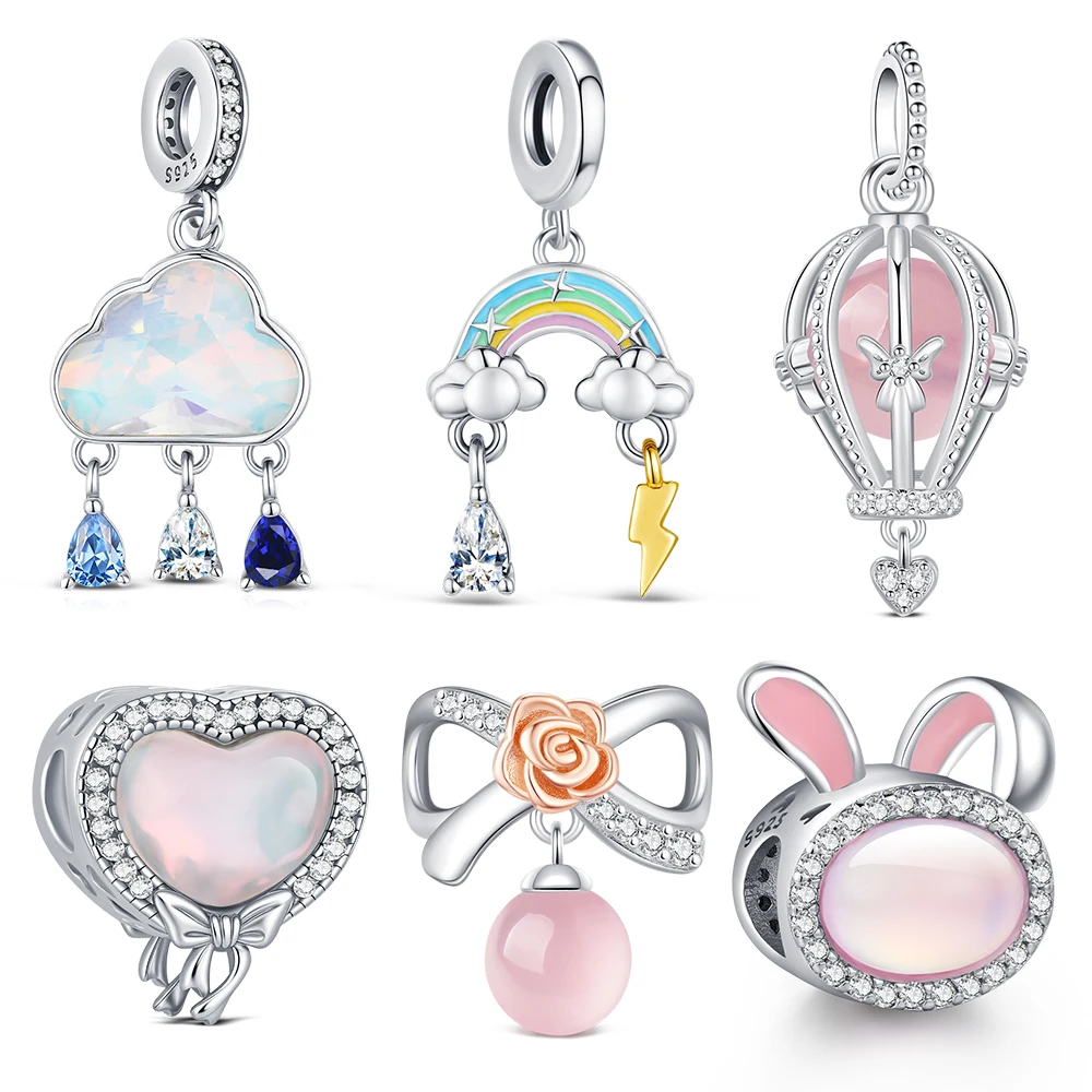 New Elegant Pink Bead S925 Sterling Silver Cloud Rainbow Charm Fit Bracelet Diy Fashion Dangle Pendant Daily Wear Love Gifts