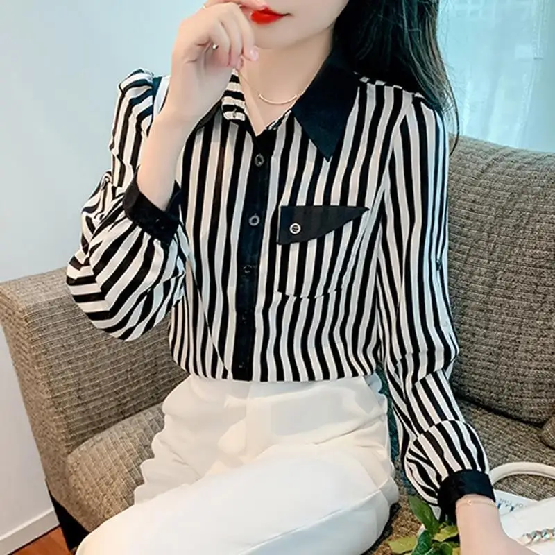 Spring Autumn New Korean Version Versatile Loose Long Sleeve Fashion Turn-down Collar Button Women\'s Striped Chiffon Shirt Tops