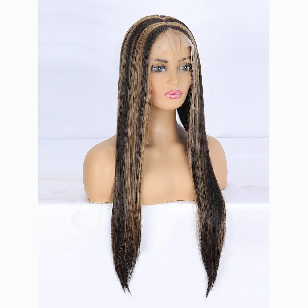 Honey Blonde Silk Straight Piano Color Brown Synthetic Hair Blend 13*4 Full Lace Frontal Wigs With Elastic Band P4-27 26 Inches