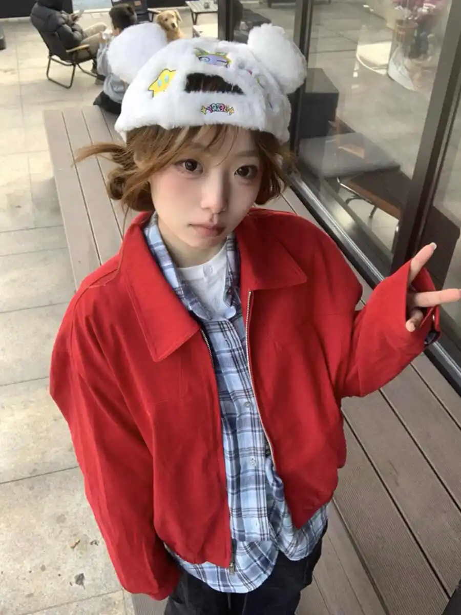

Women's Red Colored Polo Collar Vintage Coat Spring Autumn Casual Top Vintage Outerwear Female Long Sleeved Jacket