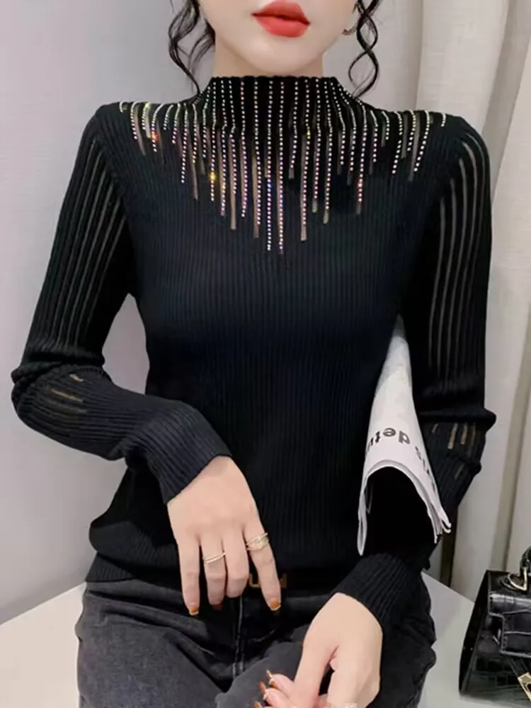 Striped Diamond Set Female Autumn Winter Woman Pullover T-shirt High Quality Half Turtleneck Sweater Hollow Out Splicing image 2