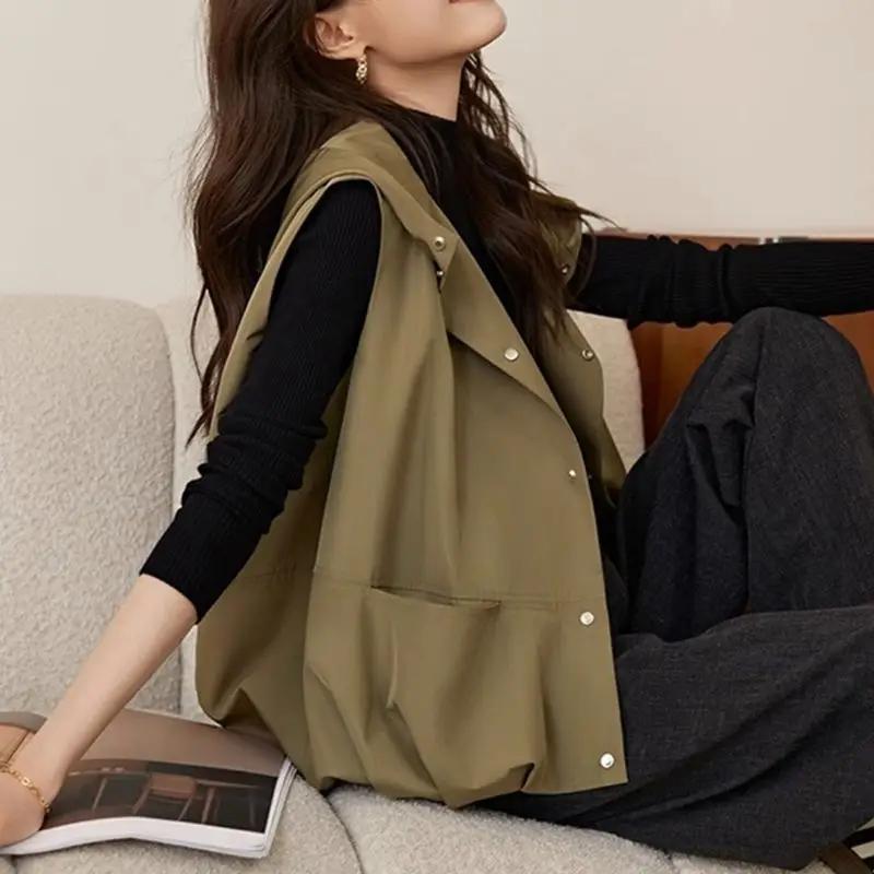 2024 Autumn Women Stylish Simple Chic Sleeveless Hooded Jacket Vest Female Korean Casual Pockets Loose Outewear Solid Waistcoat