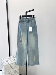 Pantalones vaqueros clásicos rasgados de pierna recta para mujer, ropa de alta calidad, novedad de verano y otoño, 2024, 0719