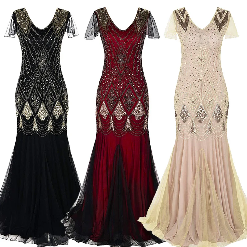 European and American Sexy Evening Dress Femininity Elegant Sequin Dress Gatsby Vintage Dress Plus Size Banquet Party Dresses