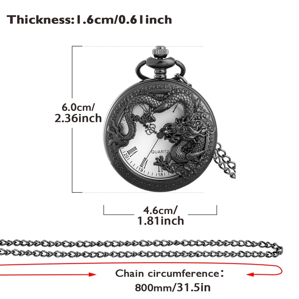 Antike schwarze chinesische Drachen Vintage Taschenuhr römische digitale Zifferblatt Halskette Uhr Anhänger und Ketten alte Mode Steampunk Uhr