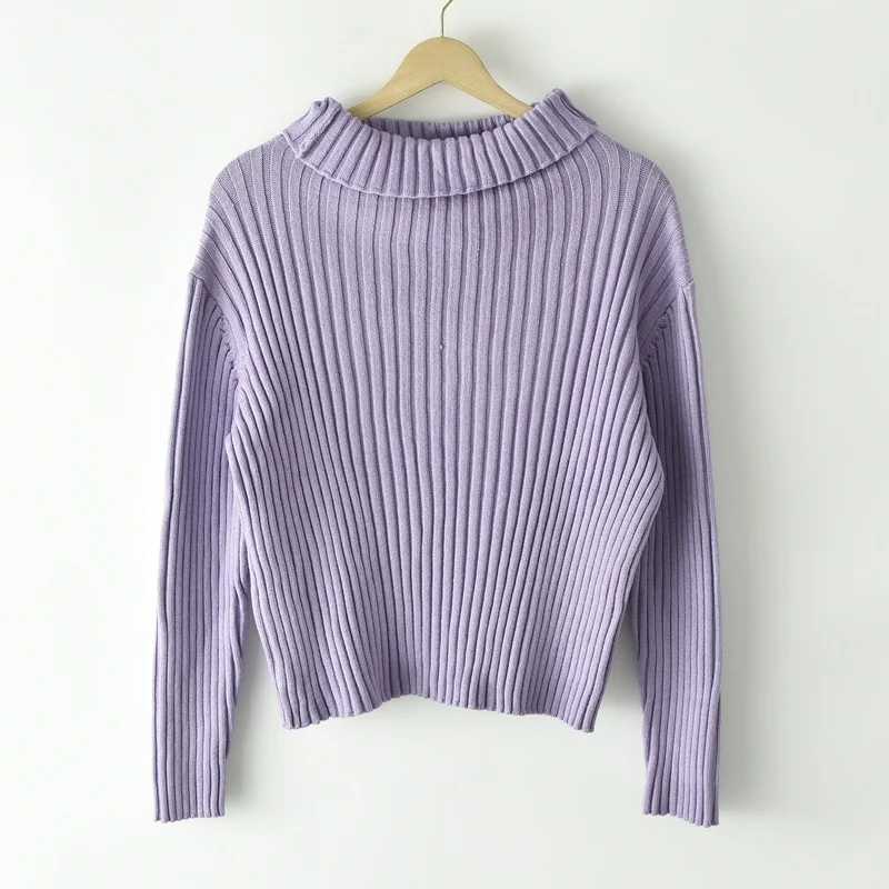 

Loose High Collar Knitted Sweater Women's Fashionable Ribbed Lazy Top Pure Color Autumn Winter Outerwear Commute Style