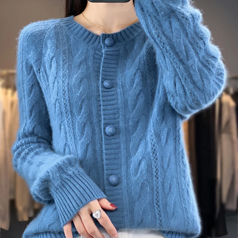 100% Wool Cardigan Women\'s Autumn And Winter New Plus Size Twist Coat High-End Sweater Round Neck Sweater Shirt Loose Thick Coat