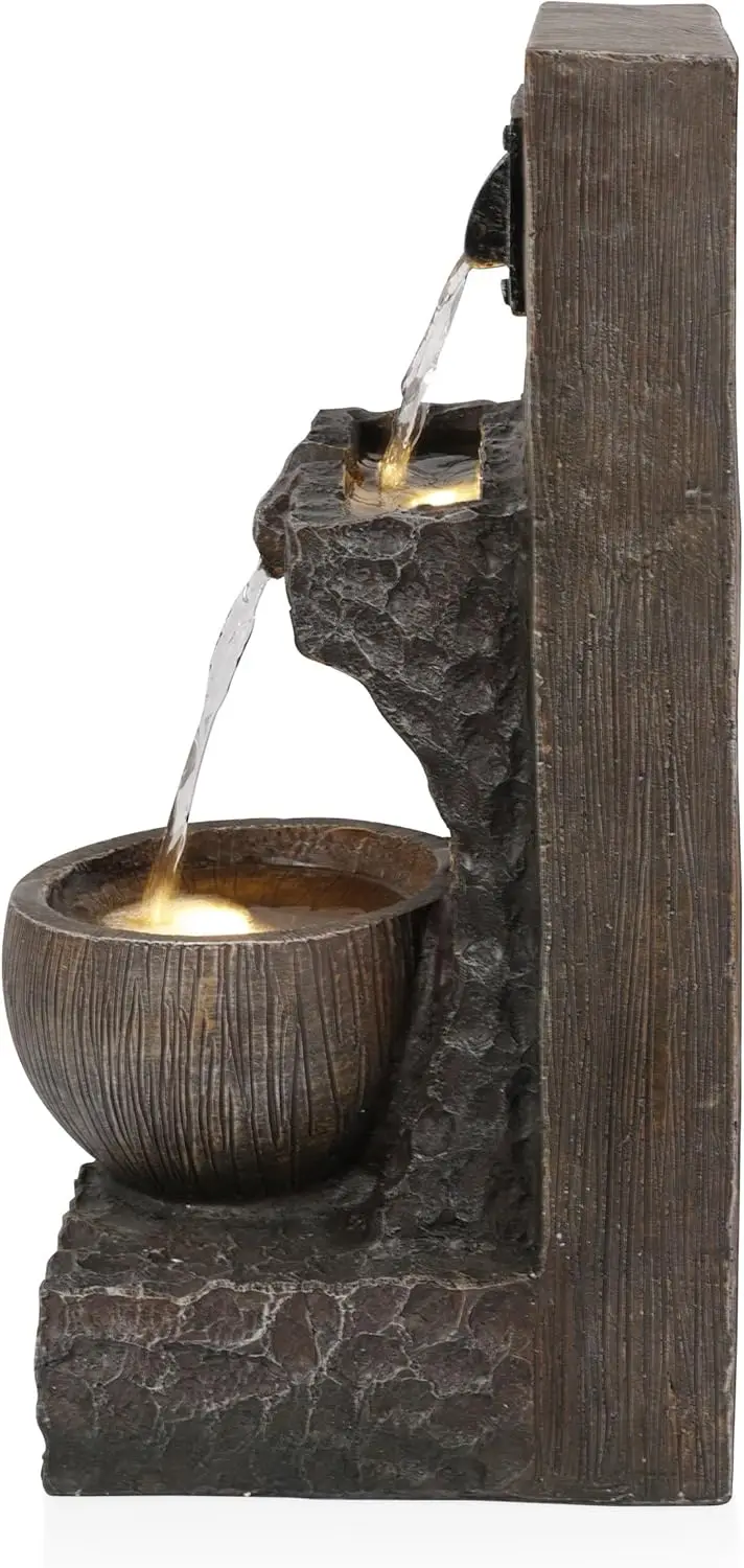 3-Tier Indoor/Outdoor Water Fountain with LED Lights, Cascading Design, 20" Height, Brown