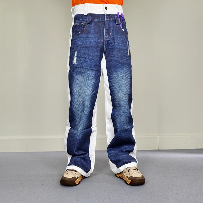 Calças Jeans Retro com Estampa Digital, Corte Solto, Azul e Branco, Calças Longas Casuais Confortáveis de Algodão para Todos