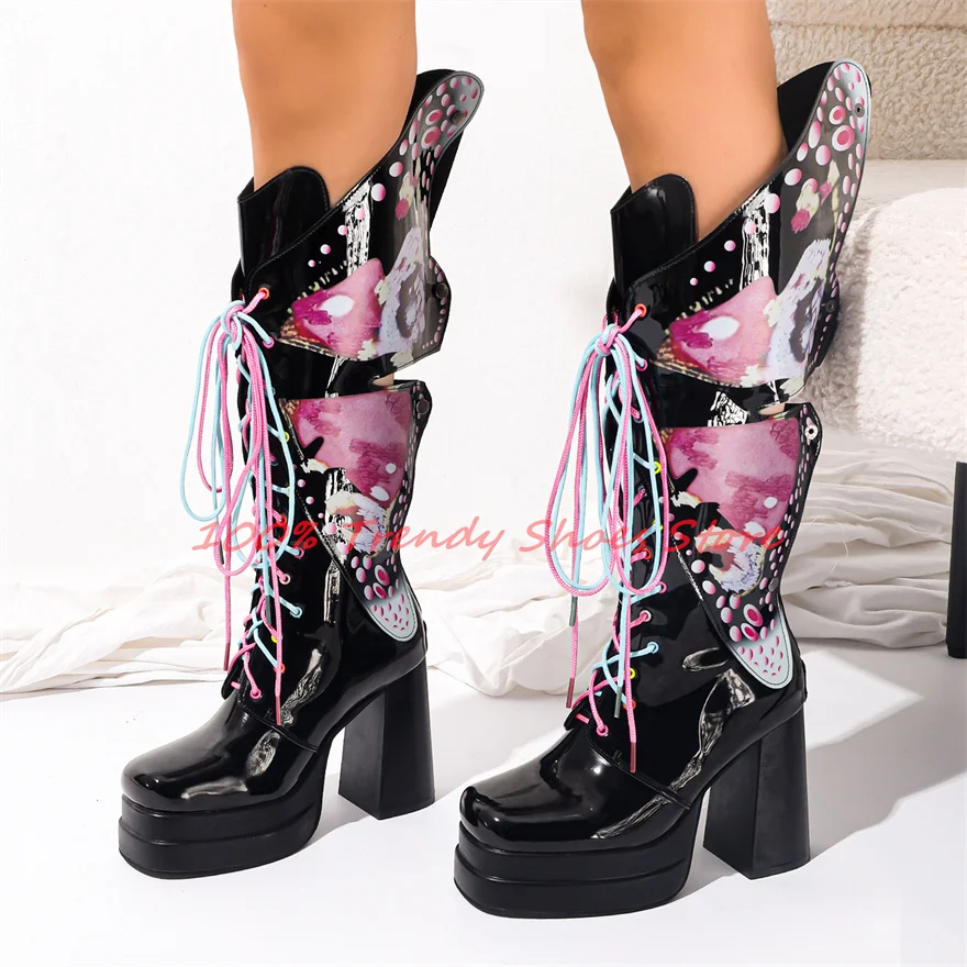 

Colorful Butterfly Wing Decor Knee High Boots Women Mixed Color Lace-Up Motorcycle Boots Chunky Platform High Heel Boots