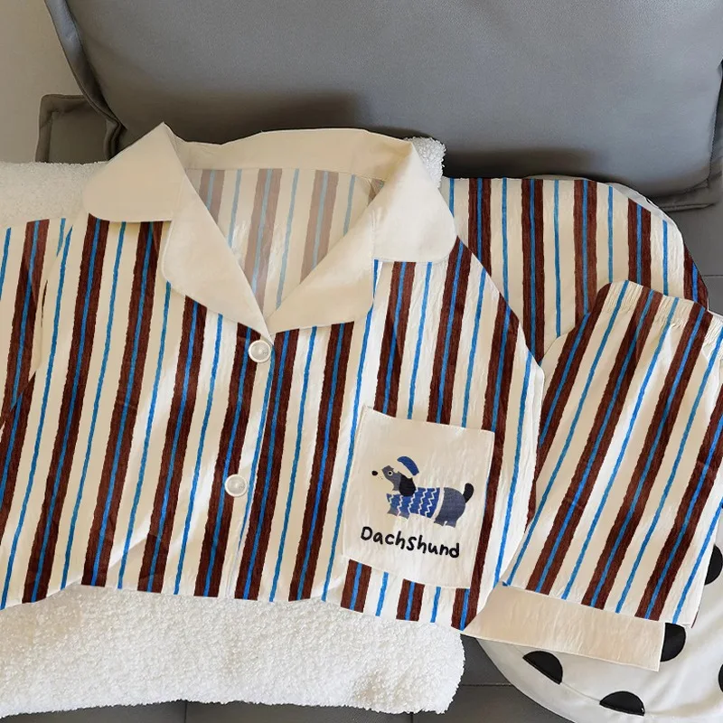 Korean Style Striped Letter Dog Pajamas Set Fashion Autumn Winter Vintage 2 PC Set Loungewear New Long Sleeve Lapel Neck Pajamas