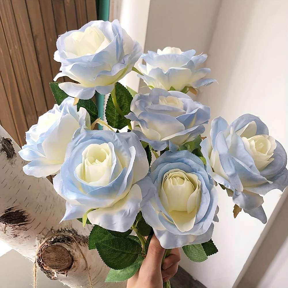 Roses artificielles en soie avec longue tige, Roses bleues glacées cassées pour Arrangement de pièce maîtresse de mariage à domicile, 1 pièce/5 pièces/10 pièces