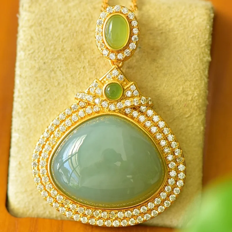 SGARIT Natural Jadeite Hetian Jade S925 Silver Fortune Bag Pendant 29*41mm Exquisite Design Fine Texture with Silver Chain
