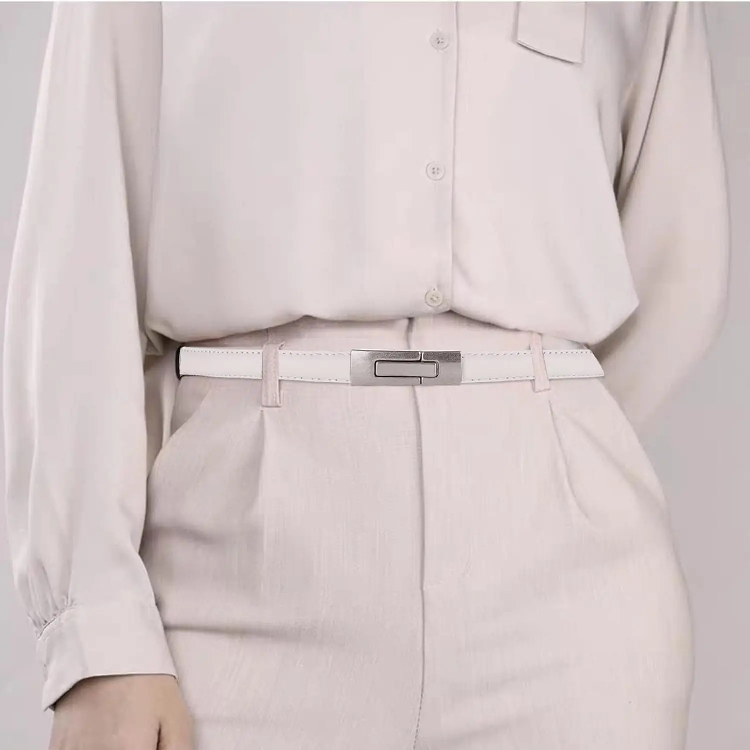 Women Thin Leather Belt Adjustable Slide Square Metal Buckle Skinny Waist Belt Simple Elegant Decorative Girdle For Dress Jeans