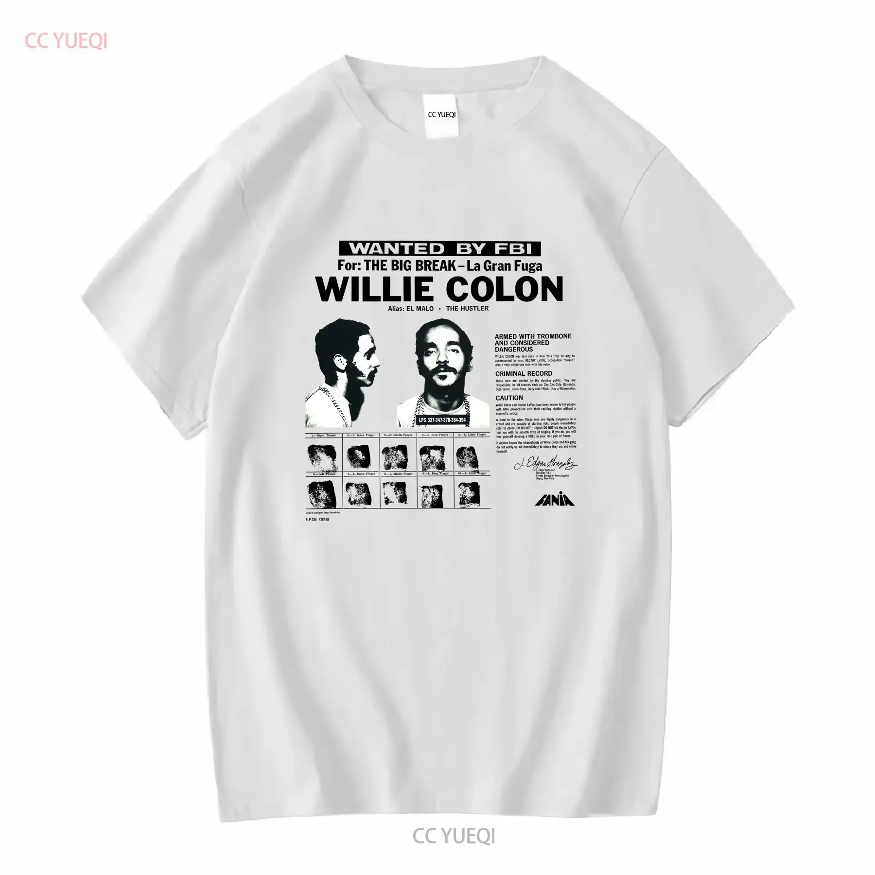 WILLIE COLON WANTED BY FBI EL BIG BREAK LA GRAN FUGA FANIA CAMISETA ÁLBUM ART vintage Lavado Versátil Casual Elegante homme