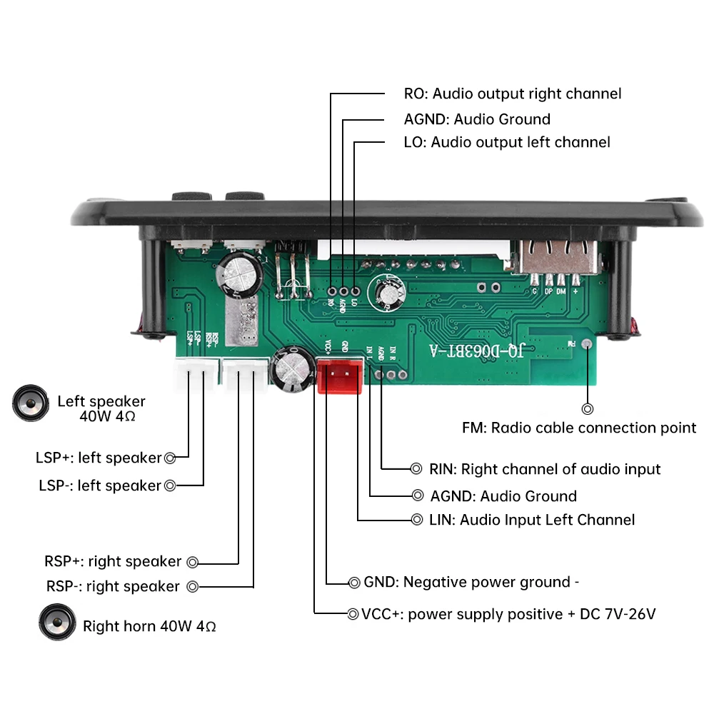 DC7V-26V 2*40W Car Amplifier Board with Bluetooth Talking Function Audio MP3 Decoder Audio Amplifier Module