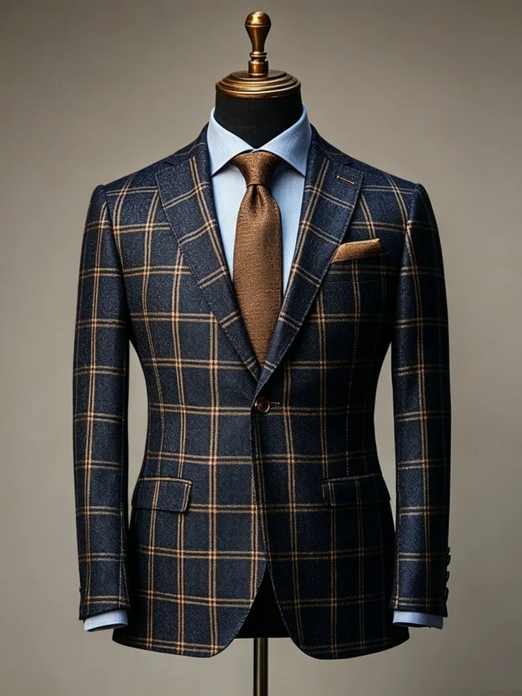 Men's Navy Tan Windowpane Plaid Work Blazer Two Button Slim Fit Formal Suit Jacket Office Business Daily Meeting Outer Coat