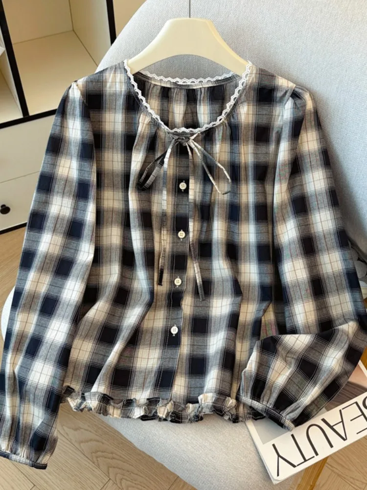 

Recommended Retro Plaid Long Sve irt Women's Loose Tummy Covering Top Korean Sle Commute Single Button Closure