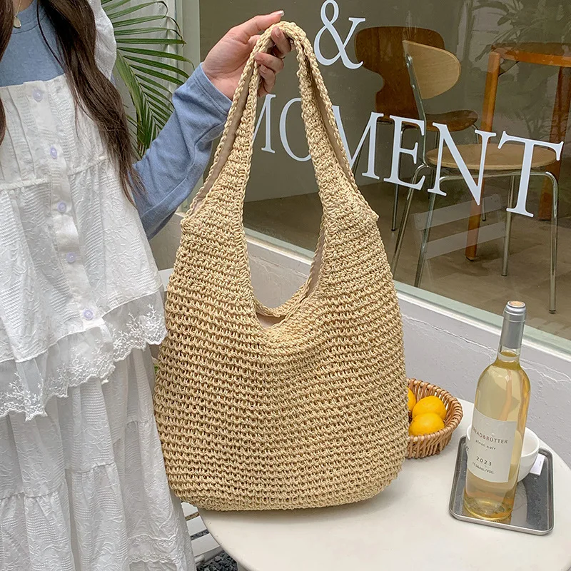 

Women's Summer Travel Vacation Casual Tote Bag 2024 New Bohemian Beach Retro Handwoven Shoulder Bag Raffia Rattan Shopping Bag