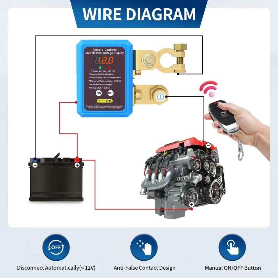 240A 12V Auto Battery Master Switch with Remote Kill Switch Remote Battery Disconnect Switch with LED Voltage Display
