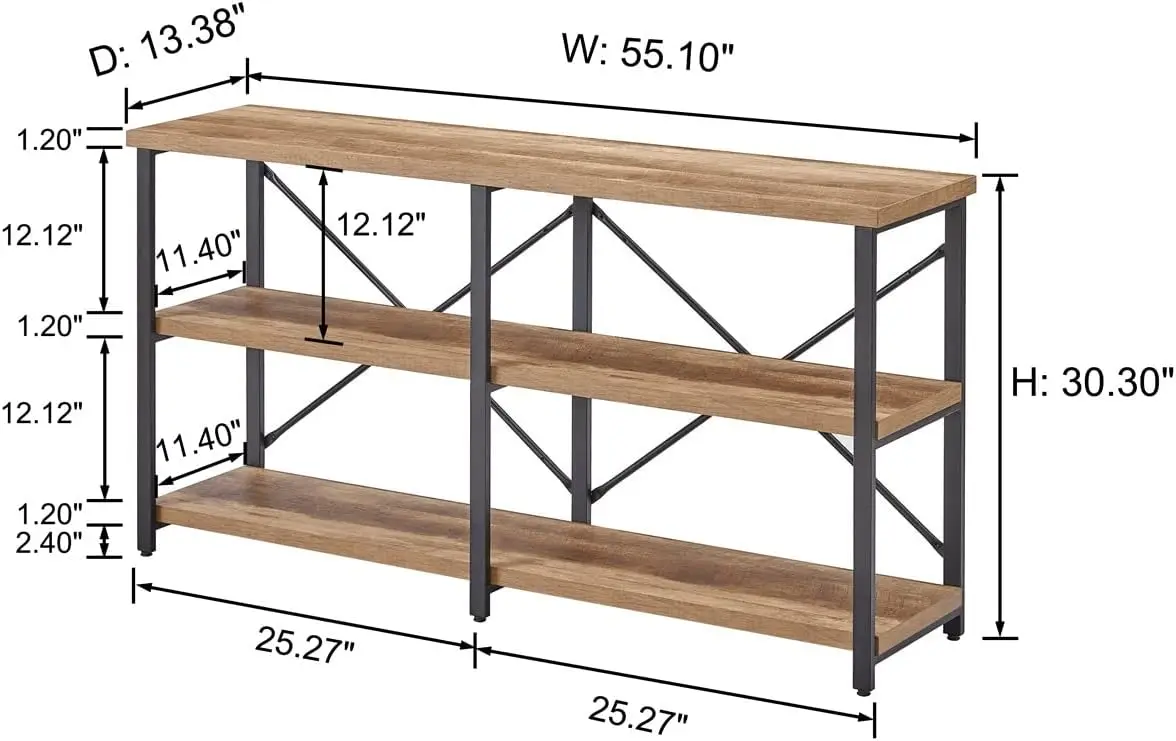 Console Tables for Entryway, Industrial Sofa Table Behind Couch, 3 Tier Hallway Table for Foyer, Horizontal Bookshelf