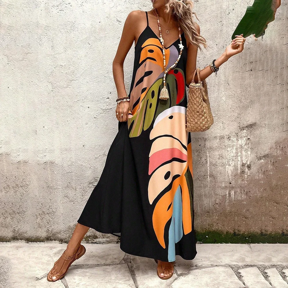 Boho da donna stampato floreale con scollo a V spaghetti canotta maxi abito estivo da donna senza maniche spiaggia vacanza vestito estivo taglia S-2XL
