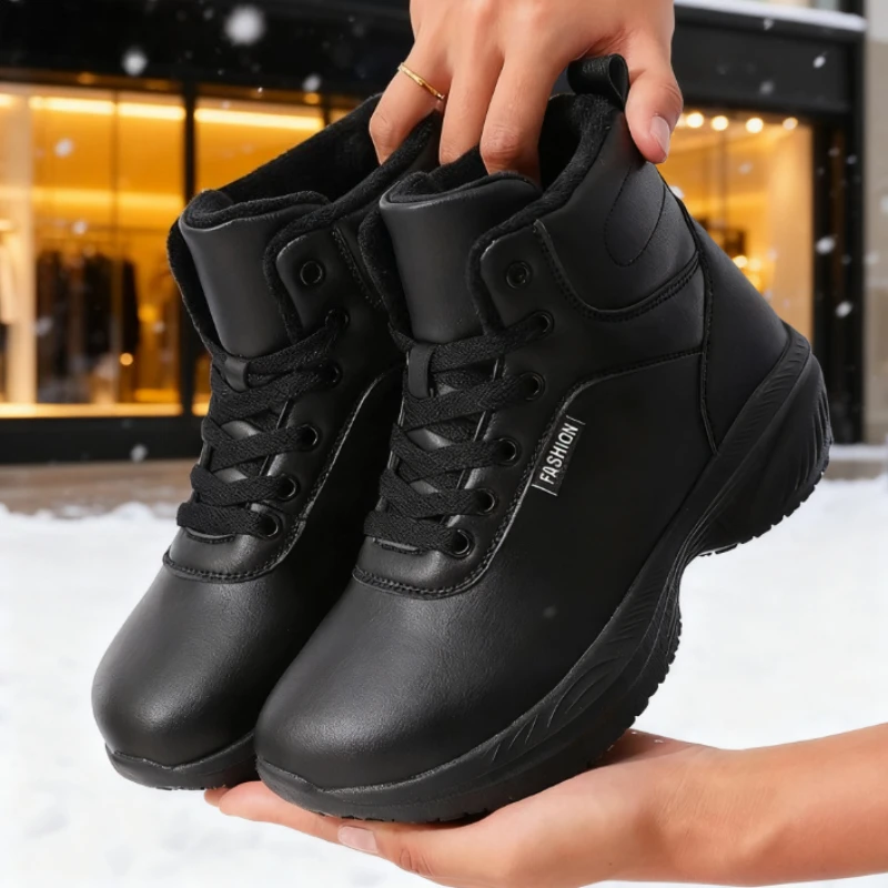 

Women Men Winter Work Boots Warm Fur Black Non-Slip Fashion Snow Boots Casual Outdoor Footwear Trendy Lace-Up Comfortable Shoes