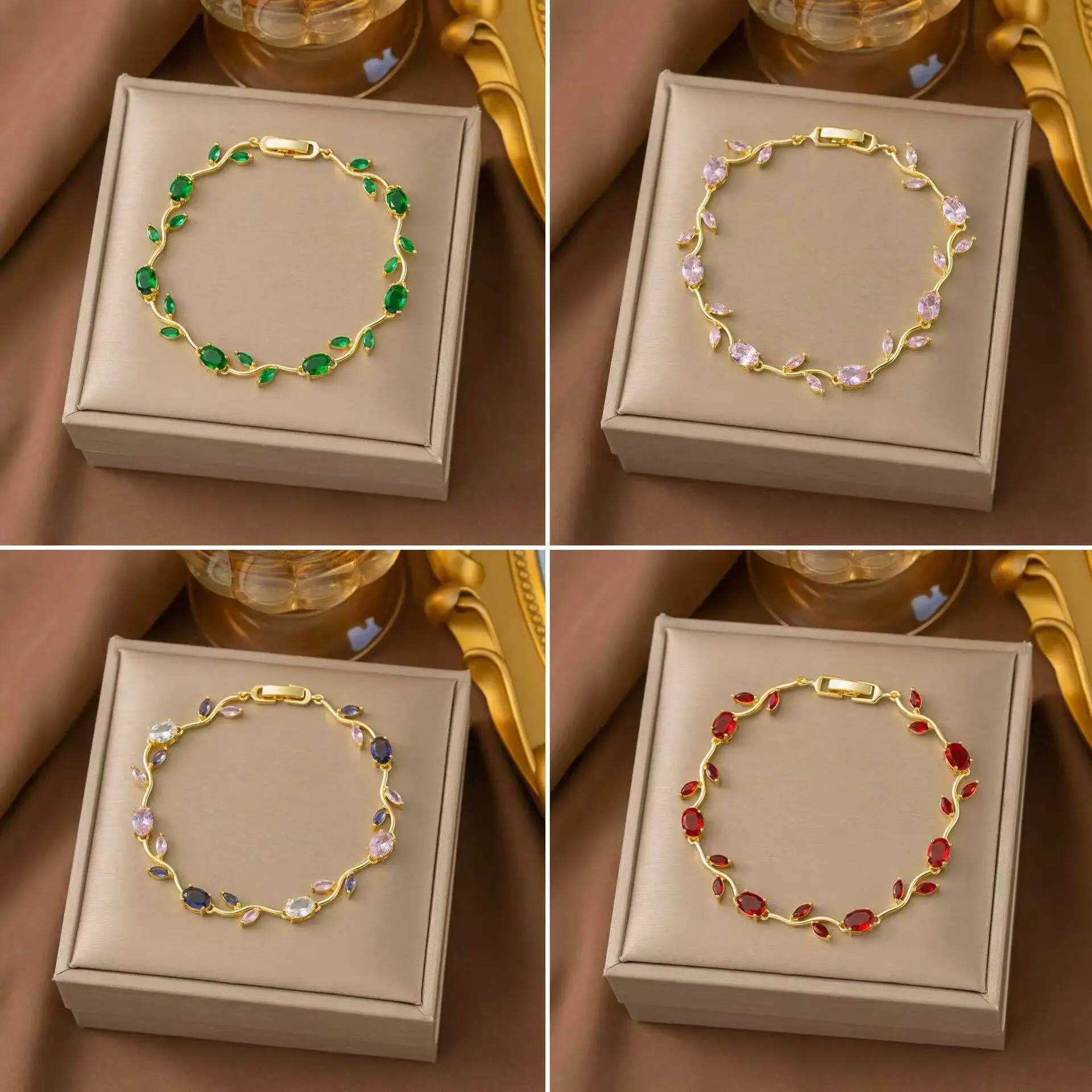 Women Vine Leaf Zircon Bracelet 316L Stainless Steel 18K Gold Plated Colorful Wrist Bracelet Waterproof Jewelry Gift for Ladies