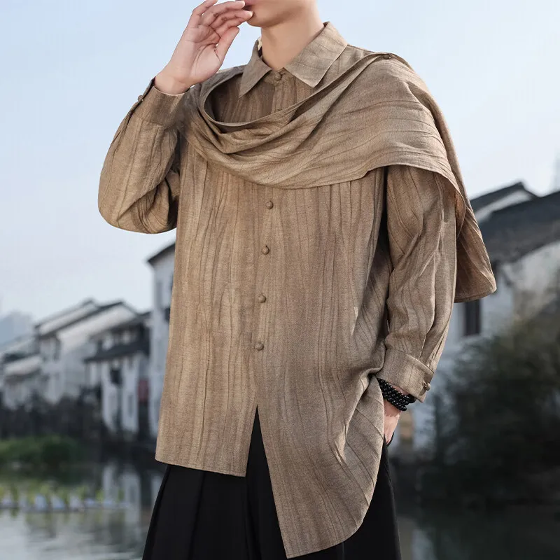 WVGA Spring New Man Tide Turn-Down Collar Trendy Three-Way Linen Long Sleeve Shirt Niche Chic Casual Ribbon Splicing Tops W20407