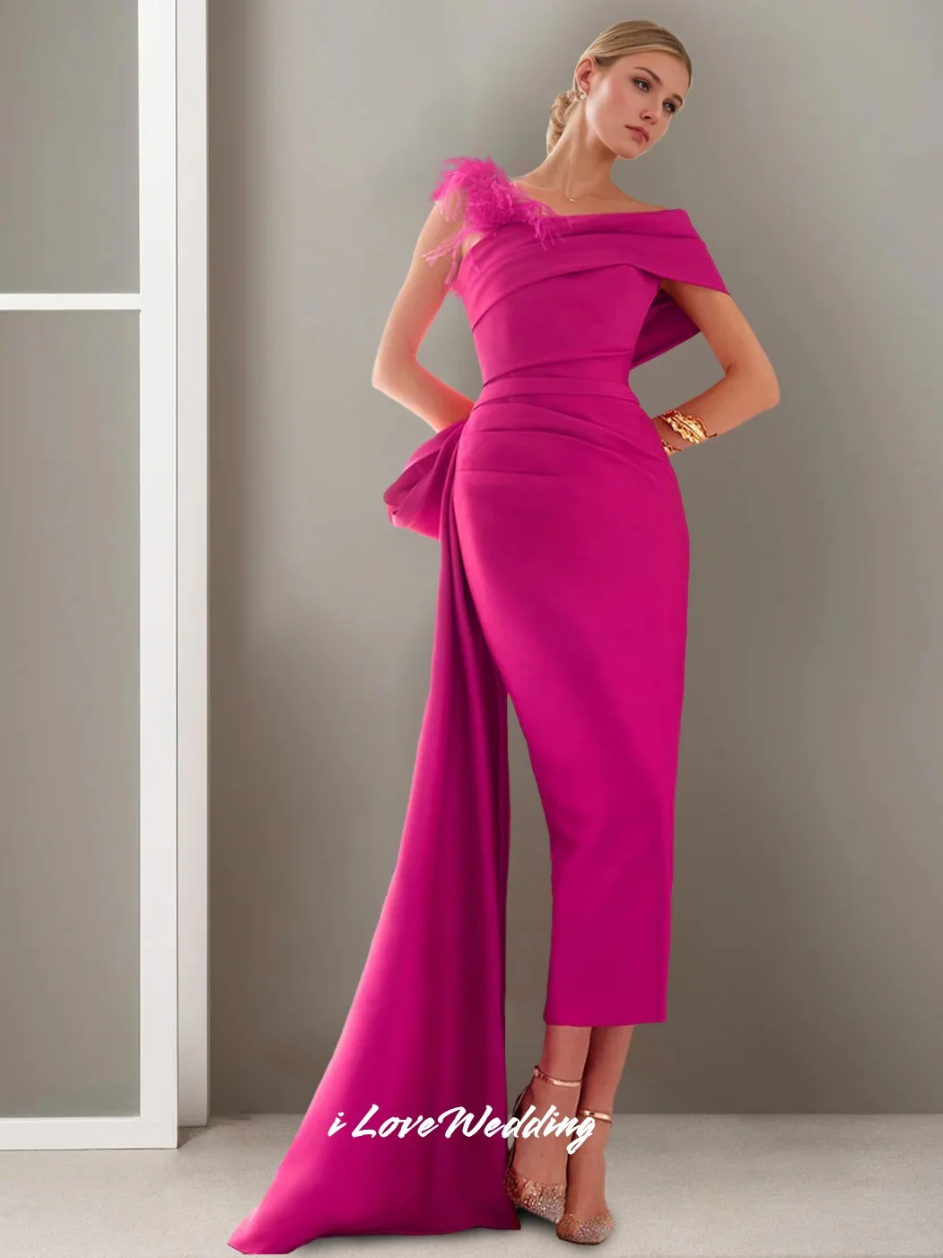 

Fuchsia One-shoulder Evening Dresses 2025 Satin Feather Bow Mermaid Tea Length Sweep Train Pleated Wedding Party Dress Customize