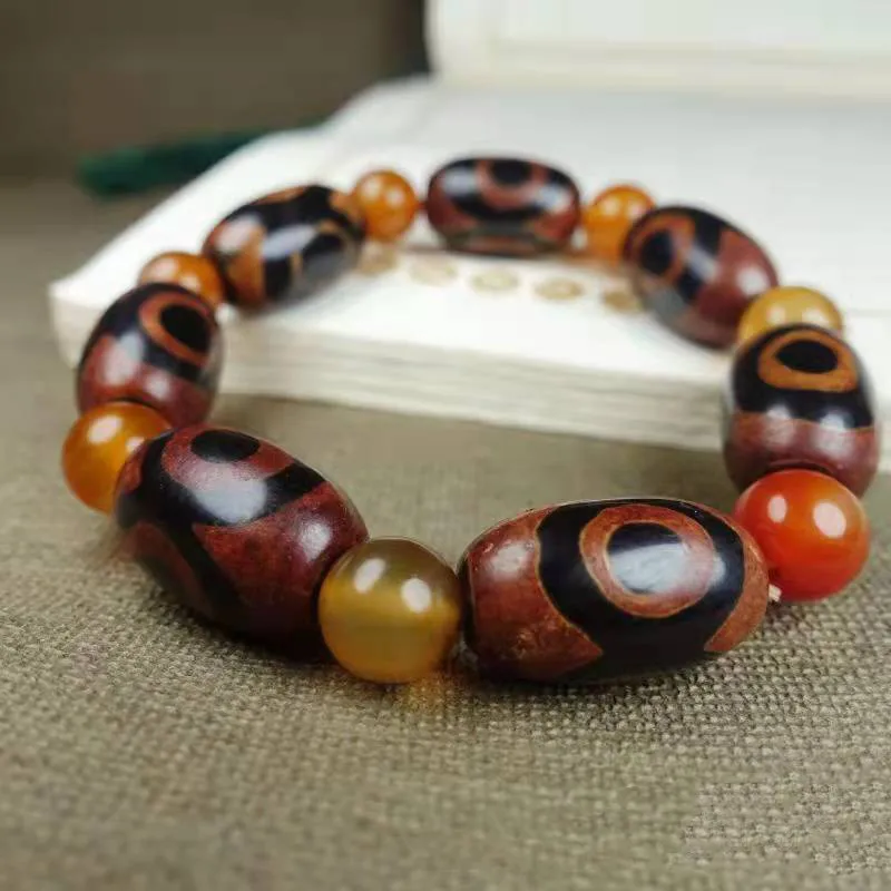 Natural Agate Three Eye Bucket Bead Men's and Women's National Style Retro Bracelet Jewelry