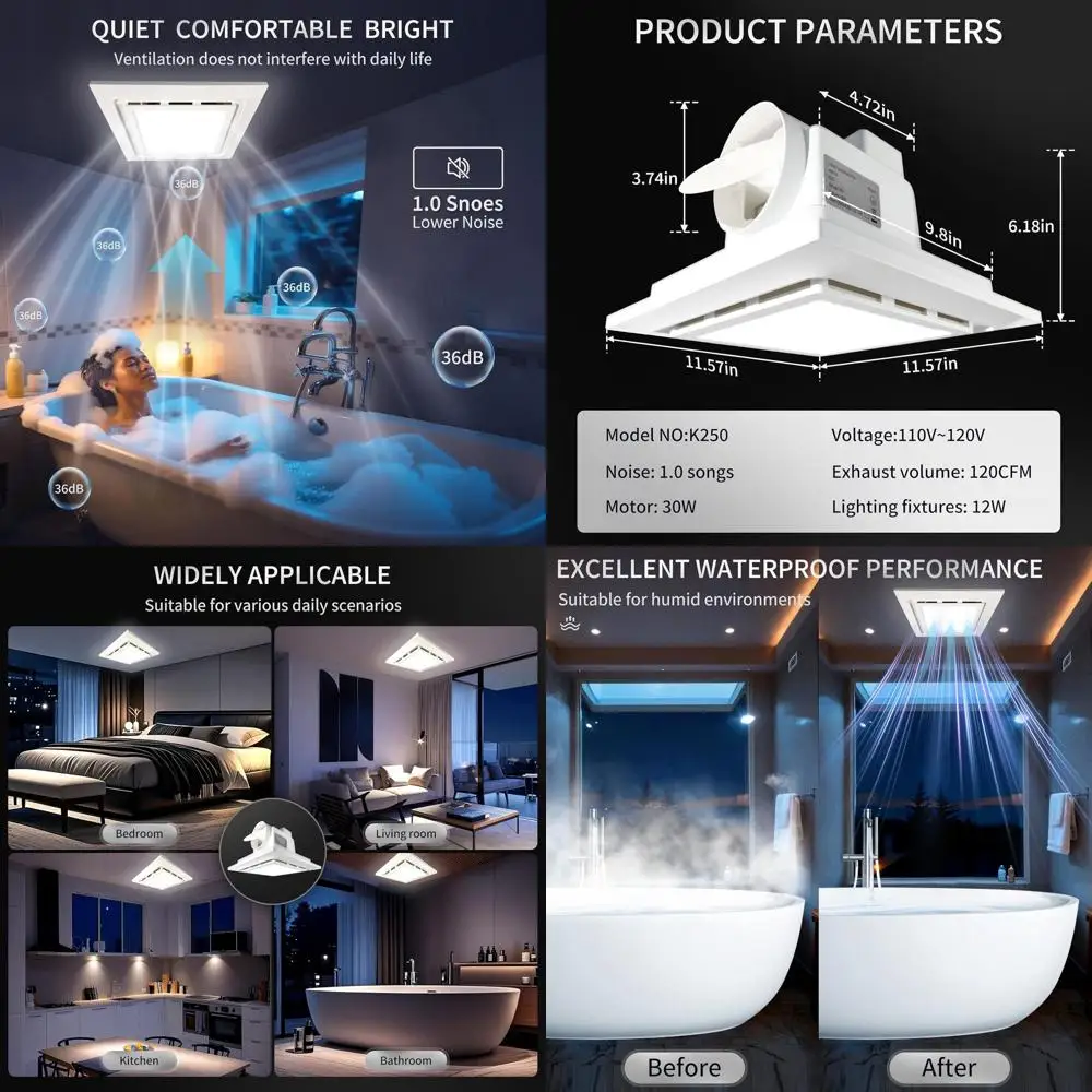 

120cm Quiet Square Bathroom Exhaust Fan with 12W LED Light, Suitable for Home, Bath, Hotel, and Office