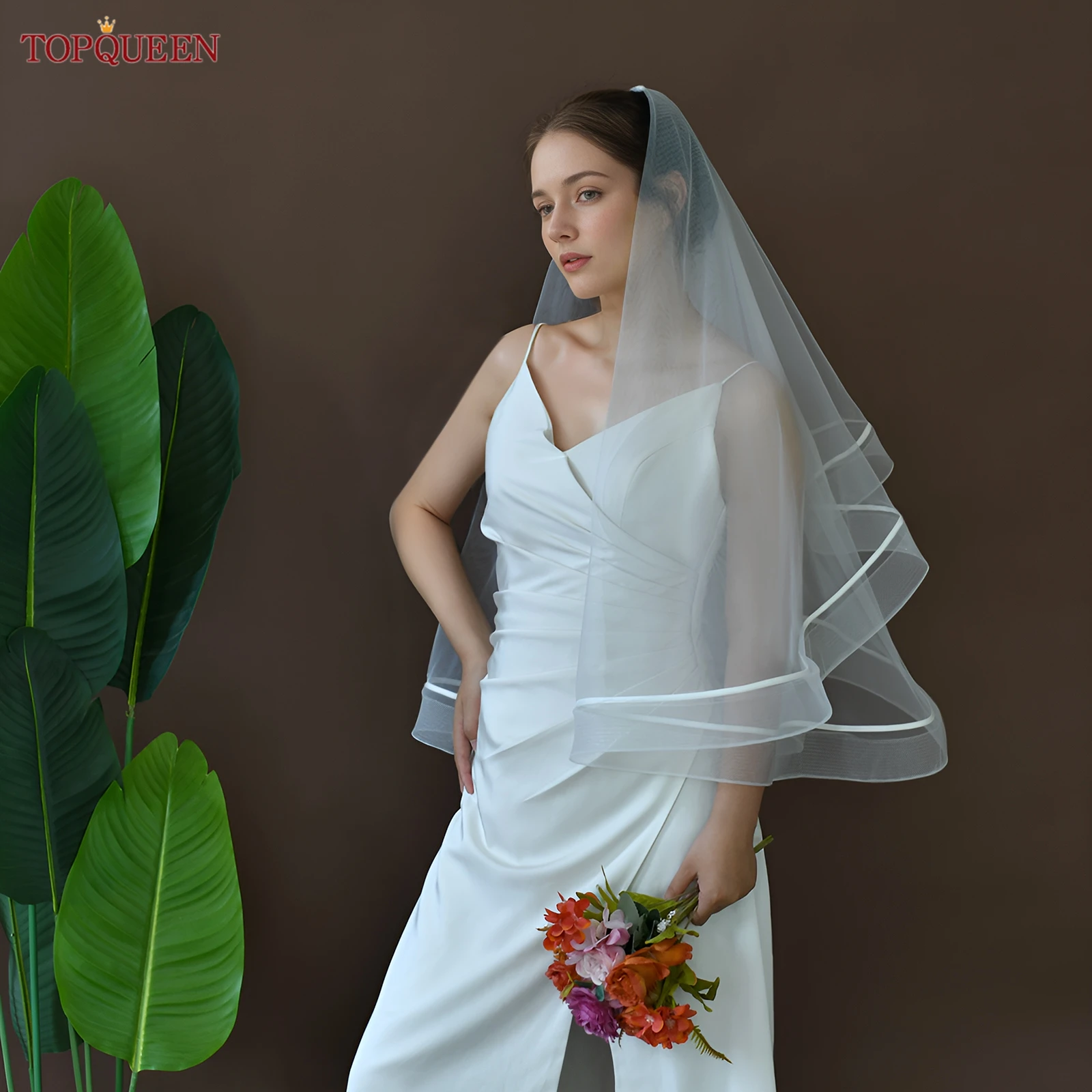 TOPQUEEN New Wide Ribbon Edge Bridal Veil Short With Blusher Tulle Church Wedding Veil With Comb Customizable V299