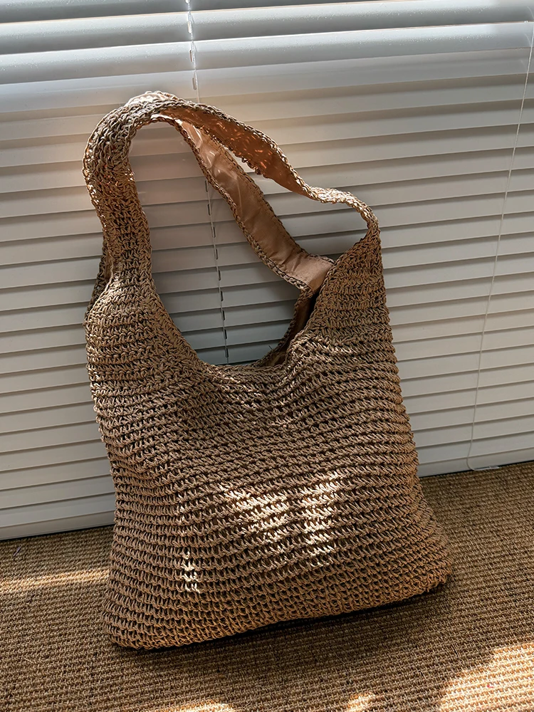حقيبة نسائية أنيقة منسوجة يدويًا على الطراز الكوري، سعة كبيرة، حقيبة سفر صيفية مع بطانة، حقيبة كتف واحدة عصرية