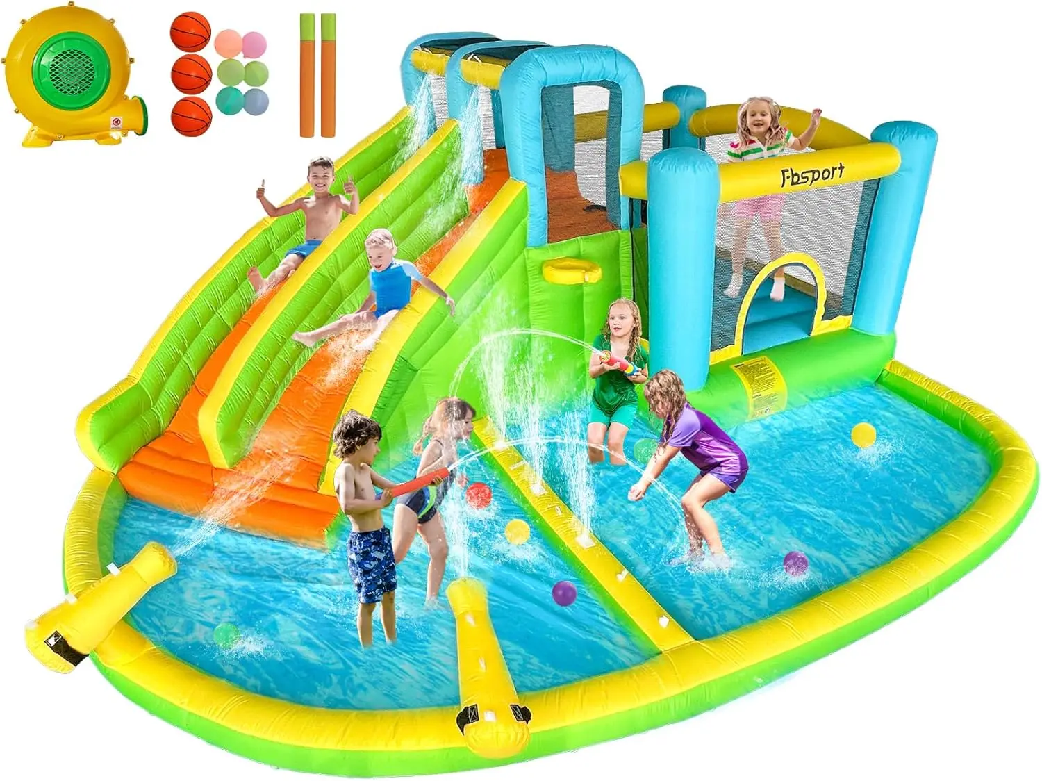 Inflatable Bounce House Double Slide, Water Slide Park Bouncer Castle with Water Gun, Climbing Wall, Jumping and Splash Pool, Ki