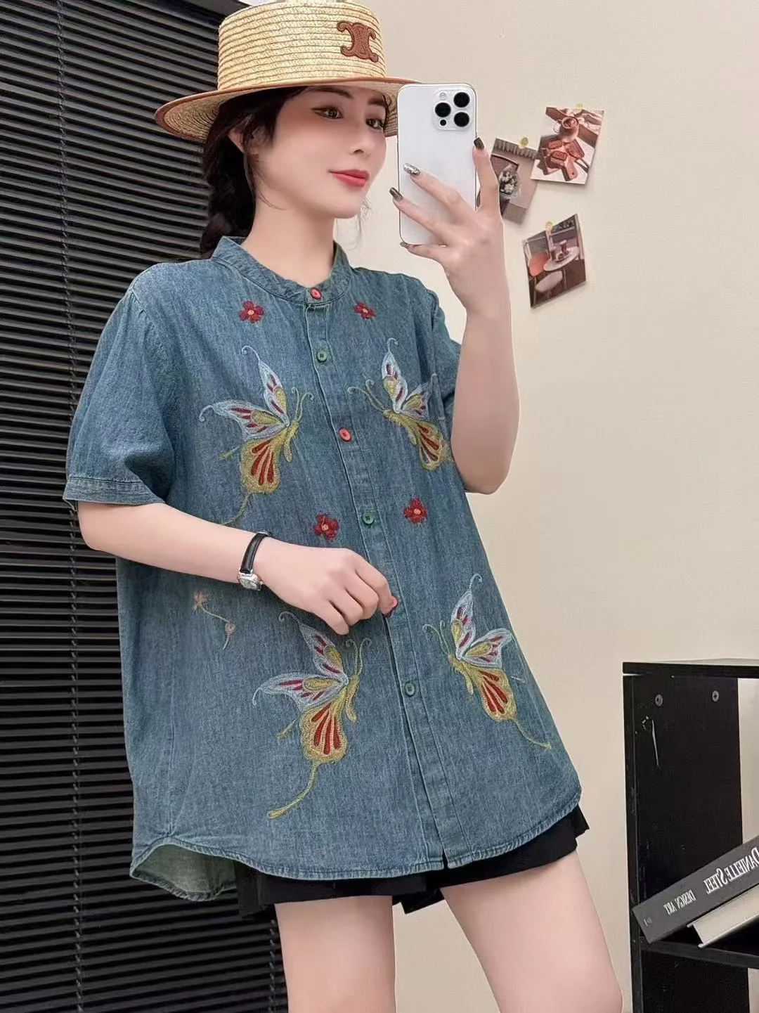 Vrouwen Vintage Mori Meisje Vlinder Borduren Denim Shirts Zomer Japan Stijl Stand Kraag Korte Mouw Casual Losse Jeans Blouse