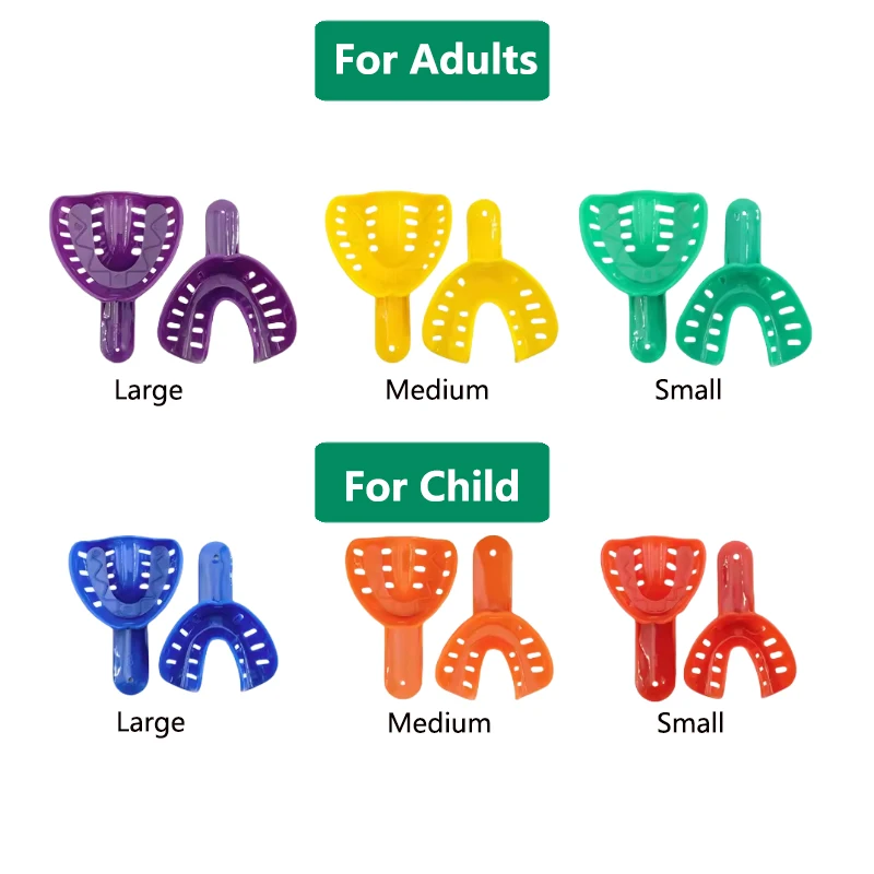 12pcs 치과 인상 트레이 일회용 플라스틱 다채로운 치아 홀더 성인과 어린이를위한 치과 재료 구강 관리 도구