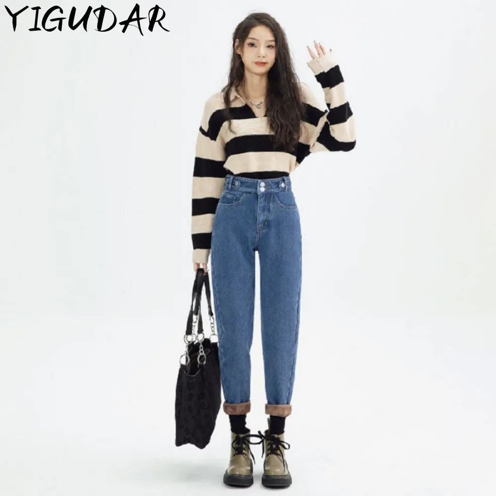 Light Blue High Waist Jeans Thickened Lamb Fleece Denim Pants Women's Winter Warm Cashmere Stretch Skinny Pencil Trousers  y2k