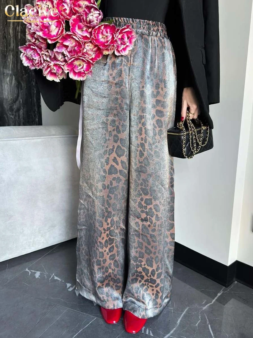 Clacive Fashion Loose Leopard Print Women\'s Pants 2024 Vintage High Waist Wide Pants Elegant Classic Full Length Trousers Female