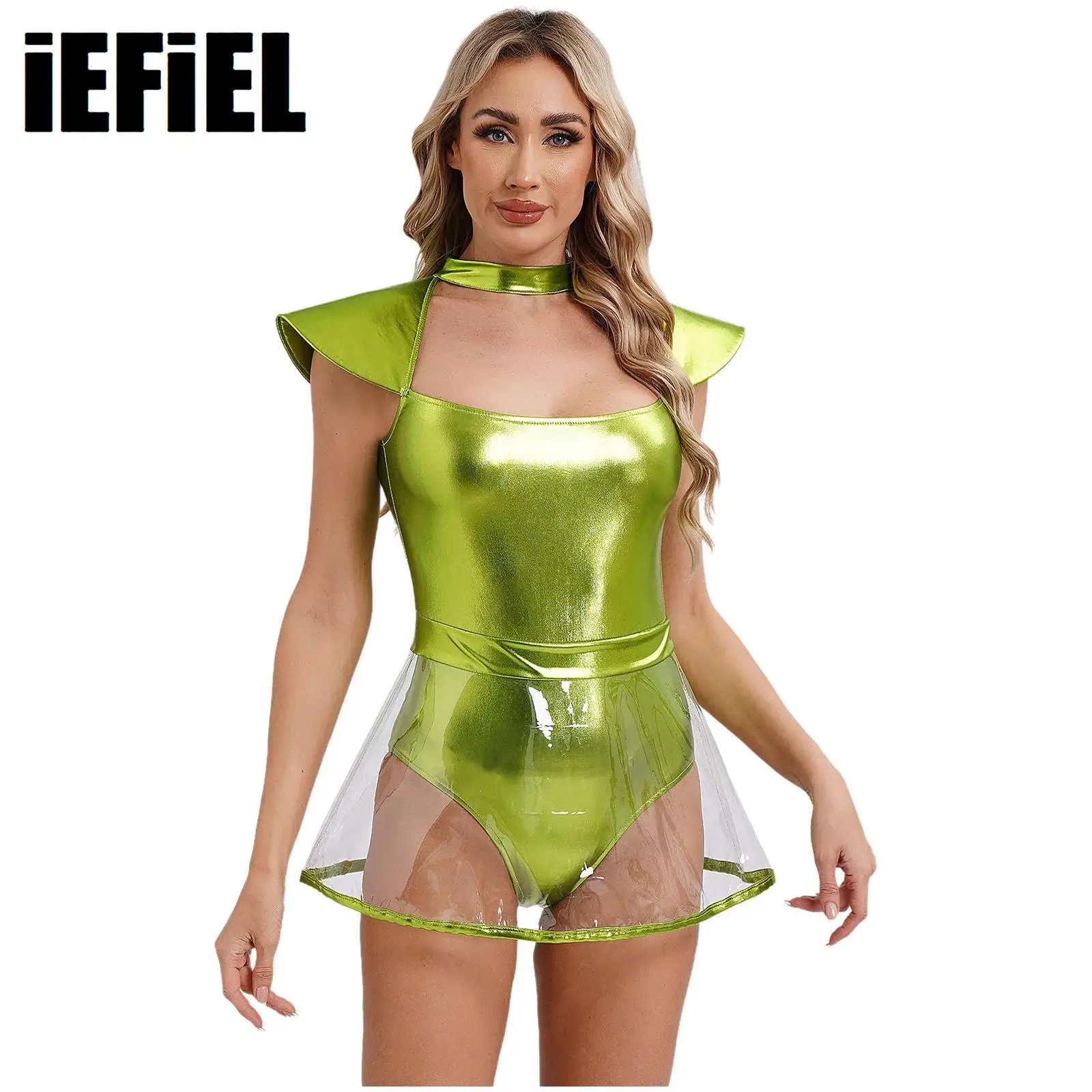 

Womens Space Alien Cospaly Dress Fly Sleeve Cutout Briefs Bottom with PVC Skirt One-piece Bodysuit for Halloween Carnivals