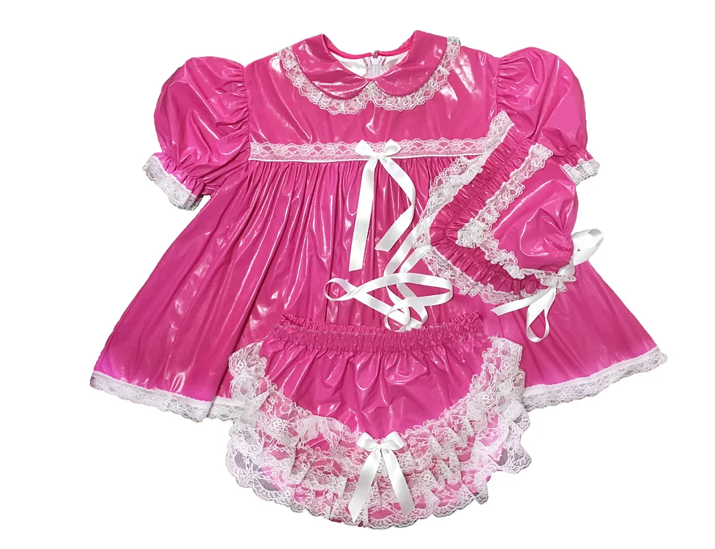 

Latest Hot Selling Adult PVC Lockable Sissy Pink Doll Neck Bubble Sleeve Ruffle Lace Maid Dress Custom